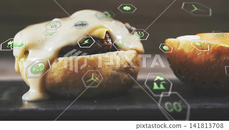 Showcasing cheeseburger sitting on dark board melted cheese dripping top bun half crumbs eco icons Showcasing cheeseburger sitting on dark board melted cheese dripping top bun half crumbs eco icons 141813708