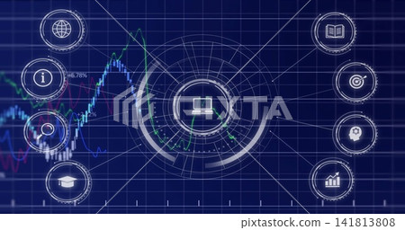 Displaying central HUD showing concentric rings, radial connectors and laptop icon on dashboard Displaying central HUD showing concentric rings, radial connectors and laptop icon on dashboard 141813808
