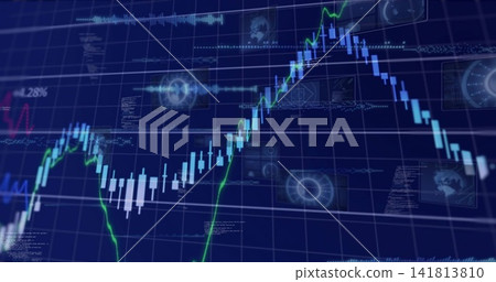 Displaying blue market chart rising then falling on trading UI, showing candlesticks and green line Displaying blue market chart rising then falling on trading UI, showing candlesticks and green line 141813810