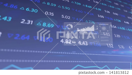Displaying dashboard panel hovering slightly right at trading platform, with tickers and globe icon Displaying dashboard panel hovering slightly right at trading platform, with tickers and globe icon 141813812