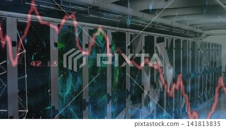 Displaying row of server rack cabinets stretching down data center aisle, showing red graph 42 Displaying row of server rack cabinets stretching down data center aisle, showing red graph 42 141813835