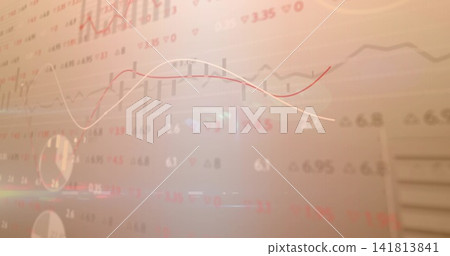 Displaying translucent market chart on office glass, showing red trend line and numeric tickers Displaying translucent market chart on office glass, showing red trend line and numeric tickers 141813841