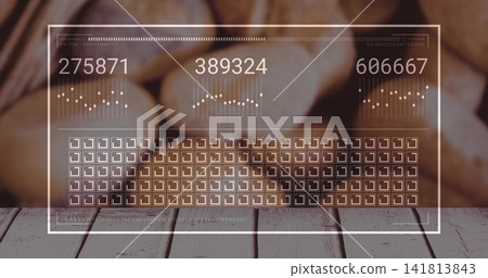 Showing dashboard overlay with 275871,389324,606667 and icon grid on wooden table, blurred potatoes Showing dashboard overlay with 275871,389324,606667 and icon grid on wooden table, blurred potatoes 141813843