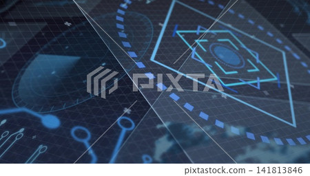 Showing central hexagon HUD rotating on virtual display, with dotted arc and glowing nodes Showing central hexagon HUD rotating on virtual display, with dotted arc and glowing nodes 141813846