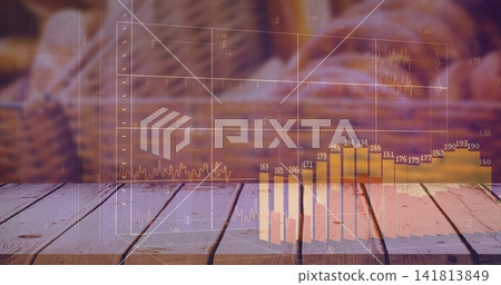 Showing translucent finance line graph and bar chart overlaying wood table in lounge with labels Showing translucent finance line graph and bar chart overlaying wood table in lounge with labels 141813849