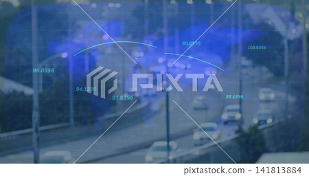 Displaying curved highway carrying cars at dusk, faint grid overlay tracking colored path arcs Displaying curved highway carrying cars at dusk, faint grid overlay tracking colored path arcs 141813884