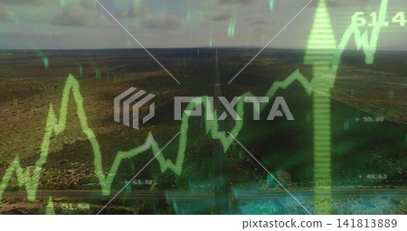 Displaying green financial chart over arid scrub plain, showing long road, upward arrow, labels 141813889