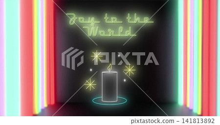 Showcasing neon candle glowing on dark stage wall, with green neon script Joy to World Showcasing neon candle glowing on dark stage wall, with green neon script Joy to World 141813892