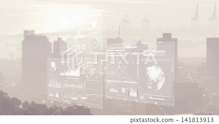Showing faint AR HUD overlaying hazy coastal skyline, featuring charts globe cranes trees harbor Showing faint AR HUD overlaying hazy coastal skyline, featuring charts globe cranes trees harbor 141813913