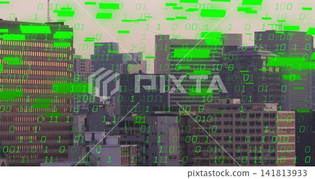 Overlaying buildings with grid windows on urban rooftop, green binary overlay covering HVAC units Overlaying buildings with grid windows on urban rooftop, green binary overlay covering HVAC units 141813933