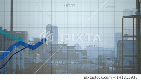 Displaying financial chart and grid overlay from office window, with blue-teal lines and numbers Displaying financial chart and grid overlay from office window, with blue-teal lines and numbers 141813935