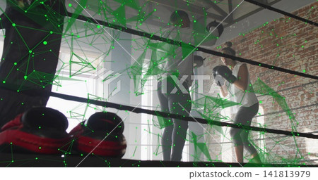 Trainer and trainee training boxing in ring in dark and light clothes, red gloves, green overlay 141813979