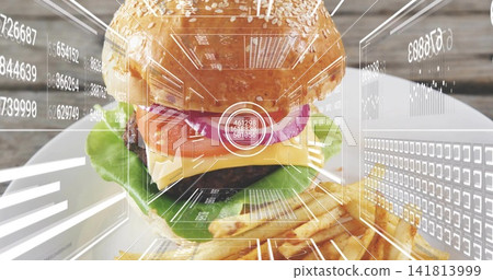Showing sesame bun burger with beef-patty and fries on white plate at wooden tabletop, HUD overlays Showing sesame bun burger with beef-patty and fries on white plate at wooden tabletop, HUD overlays 141813999