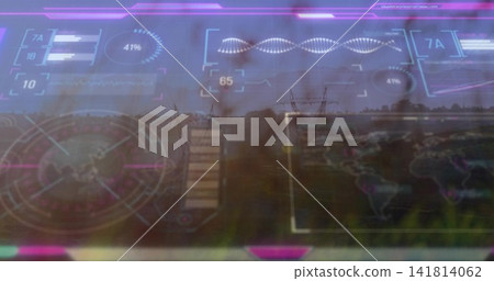 Displaying semi-transparent HUD overlaying rural grassy foreground with radar, DNA waveform, map Displaying semi-transparent HUD overlaying rural grassy foreground with radar, DNA waveform, map 141814062