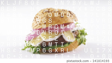 Showing gourmet burger sitting in studio with seeded bun, cheese, lettuce, beef patty, text overlay Showing gourmet burger sitting in studio with seeded bun, cheese, lettuce, beef patty, text overlay 141814193