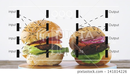 Showing two hamburgers with lettuce, sesame or seeded buns on wood board, with input Output overlay Showing two hamburgers with lettuce, sesame or seeded buns on wood board, with input Output overlay 141814226