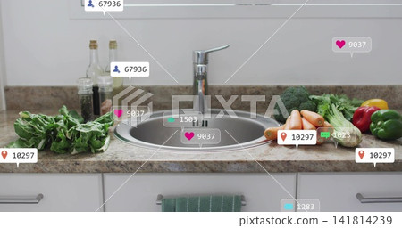 Centering steel sink with chrome faucet on stone countertop, showing produce and social overlays Centering steel sink with chrome faucet on stone countertop, showing produce and social overlays 141814239