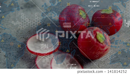 Displaying three red radishes, two sliced halves and droplets on stone counter, showing digital map Displaying three red radishes, two sliced halves and droplets on stone counter, showing digital map 141814252