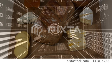 Scanning irregular brown mass occupying center of wooden tray, with AR panels and digital counter 141814288