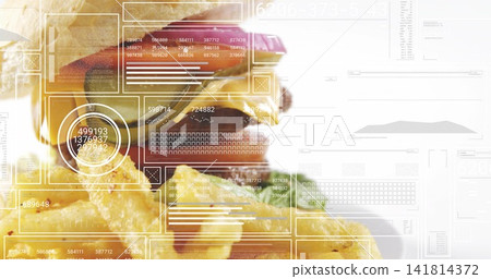Displaying stacked cheeseburger and pile of fries on white plate in studio, with AR overlays Displaying stacked cheeseburger and pile of fries on white plate in studio, with AR overlays 141814372