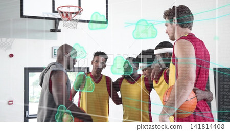 Coaching coach directing team on gym court in yellow jerseys, holding ball, hoop, cloud overlay Coaching coach directing team on gym court in yellow jerseys, holding ball, hoop, cloud overlay 141814408