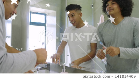 Leaning man white tee reaching chrome faucet bathroom sink, friend gray shirt holding toothbrush Leaning man white tee reaching chrome faucet bathroom sink, friend gray shirt holding toothbrush 141814409