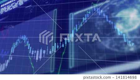 Displaying digital finance chart with light-blue candlestick bars on grid, showing green trend line Displaying digital finance chart with light-blue candlestick bars on grid, showing green trend line 141814698