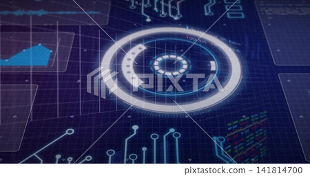 Displaying circular HUD rotating with rings on dark-blue grid with polygon chart and code blocks Displaying circular HUD rotating with rings on dark-blue grid with polygon chart and code blocks 141814700
