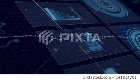 Displaying clear HUD panels and central dotted waveform on virtual dashboard, showing bar charts Displaying clear HUD panels and central dotted waveform on virtual dashboard, showing bar charts 141814701