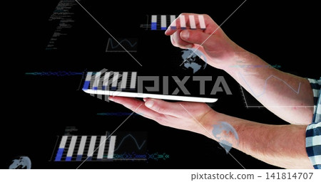 Holding plaid sleeves forearms cradling tablet and pinching hologram charts in studio, globe icon Holding plaid sleeves forearms cradling tablet and pinching hologram charts in studio, globe icon 141814707