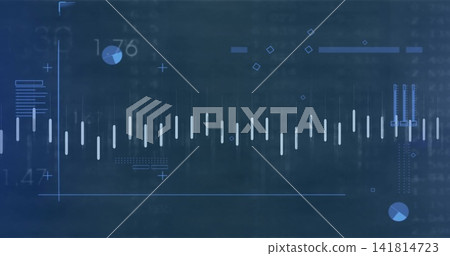 Displaying central horizontal waveform on blue HUD, showing baseline, white bars, axis lines Displaying central horizontal waveform on blue HUD, showing baseline, white bars, axis lines 141814723
