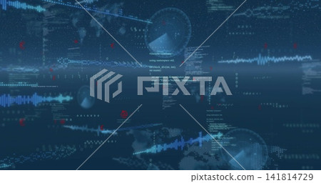 Showing data overlay floating on deep navy screen, with waveforms, dotted globe, code snippets HUD Showing data overlay floating on deep navy screen, with waveforms, dotted globe, code snippets HUD 141814729