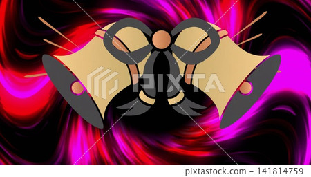 Displaying gold bells with dark gray ribbon and peach knot in digital art, swirling backdrop Displaying gold bells with dark gray ribbon and peach knot in digital art, swirling backdrop 141814759