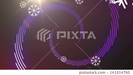 Swirling segmented purple spiral filling digital wallpaper, glowing lens flare and white snowflakes 141814760