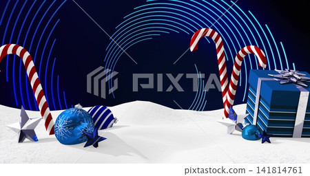 Glowing cluster sitting on snow ground, with candy canes, blue baubles, gift box, neon arcs Glowing cluster sitting on snow ground, with candy canes, blue baubles, gift box, neon arcs 141814761