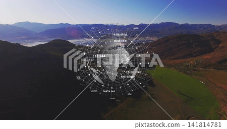 Floating holographic globe with radial grid overlaying low mountain valley, showing numeric labels 141814781