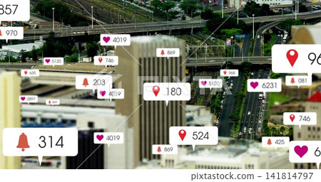 Showing beige office tower rising over downtown with highways, rail yard, HVAC and pop-up labels Showing beige office tower rising over downtown with highways, rail yard, HVAC and pop-up labels 141814797