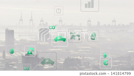 Projecting green sustainability icons across hazy port skyline, with electric car and CO2 symbols Projecting green sustainability icons across hazy port skyline, with electric car and CO2 symbols 141814799