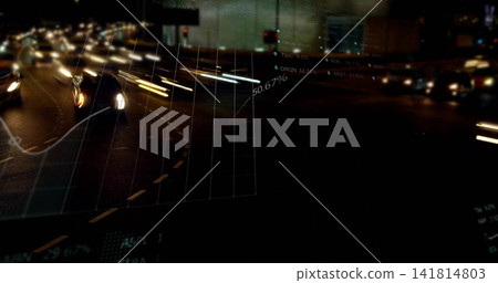 Moving cars leaving light trails at urban night intersection, showing gridlines and percent labels Moving cars leaving light trails at urban night intersection, showing gridlines and percent labels 141814803