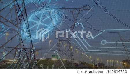 Towering lattice steel transmission towers running beside highway at dusk, with digital HUD overlay Towering lattice steel transmission towers running beside highway at dusk, with digital HUD overlay 141814820