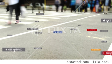 Showing foreground pavement with floating social labels at zebra crosswalk, including mouse pointer 141814830
