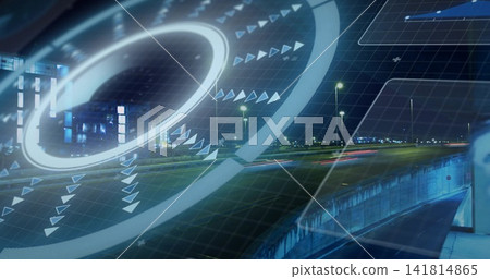 Glowing futuristic HUD overlaying elevated highway at night, showing ring, arrows, light trails Glowing futuristic HUD overlaying elevated highway at night, showing ring, arrows, light trails 141814865
