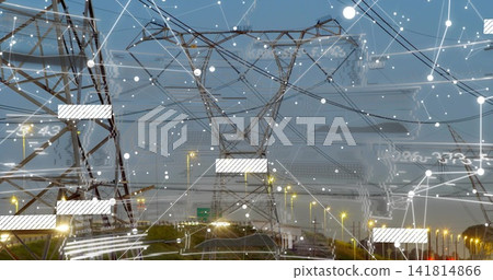 Dominating steel pylon cutting through digital HUD above dusk road with headlights and power lines Dominating steel pylon cutting through digital HUD above dusk road with headlights and power lines 141814866