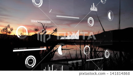 Reflecting sunset lake with dark reeds centering shoreline, displaying translucent AR data overlays Reflecting sunset lake with dark reeds centering shoreline, displaying translucent AR data overlays 141814868