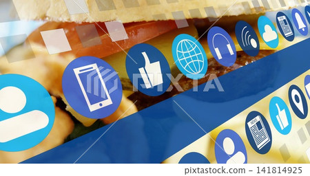 Displaying two diagonal rows of blue circular icons over studio graphic, with blurred sandwich Displaying two diagonal rows of blue circular icons over studio graphic, with blurred sandwich 141814925