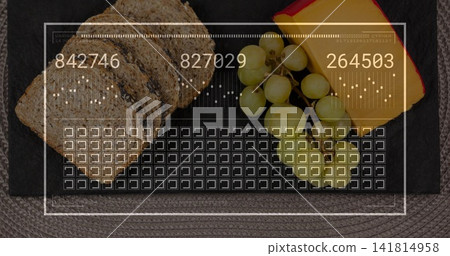 Displaying closeup platter on slate board, 3 seeded slices, halved grapes, red cheese rind, HUD Displaying closeup platter on slate board, 3 seeded slices, halved grapes, red cheese rind, HUD 141814958