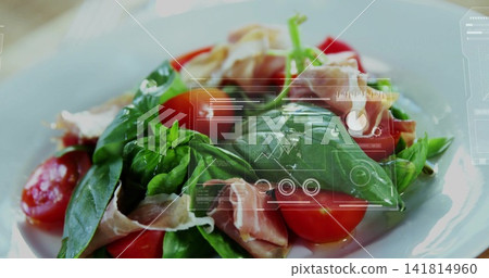 Displaying salad on white plate on tabletop featuring basil halved tomatoes greens ham oil HUD Displaying salad on white plate on tabletop featuring basil halved tomatoes greens ham oil HUD 141814960