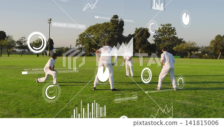 Practicing four players in white cricket uniforms batting on park with cricket bat and AR overlays Practicing four players in white cricket uniforms batting on park with cricket bat and AR overlays 141815006