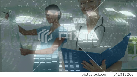 Reading doctor labcoat holding blue folder in clinic, nurse in scrubs pointing tablet, data overlay Reading doctor labcoat holding blue folder in clinic, nurse in scrubs pointing tablet, data overlay 141815203