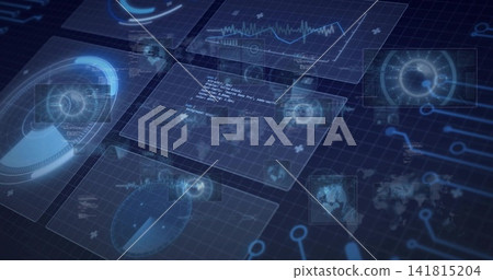 Floating translucent blue panels hovering on dark grid plane, showing radar, charts and code Floating translucent blue panels hovering on dark grid plane, showing radar, charts and code 141815204